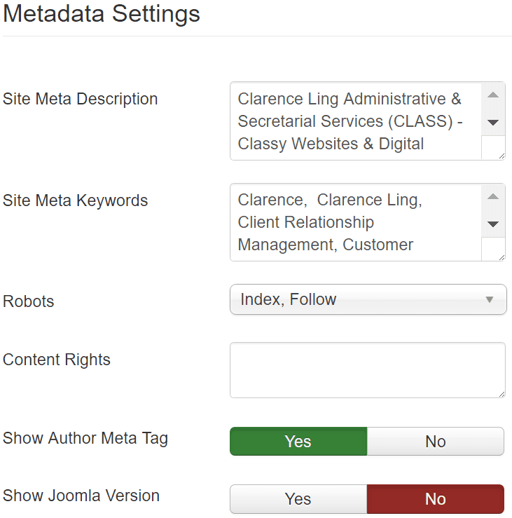 Joomla Website Metadata